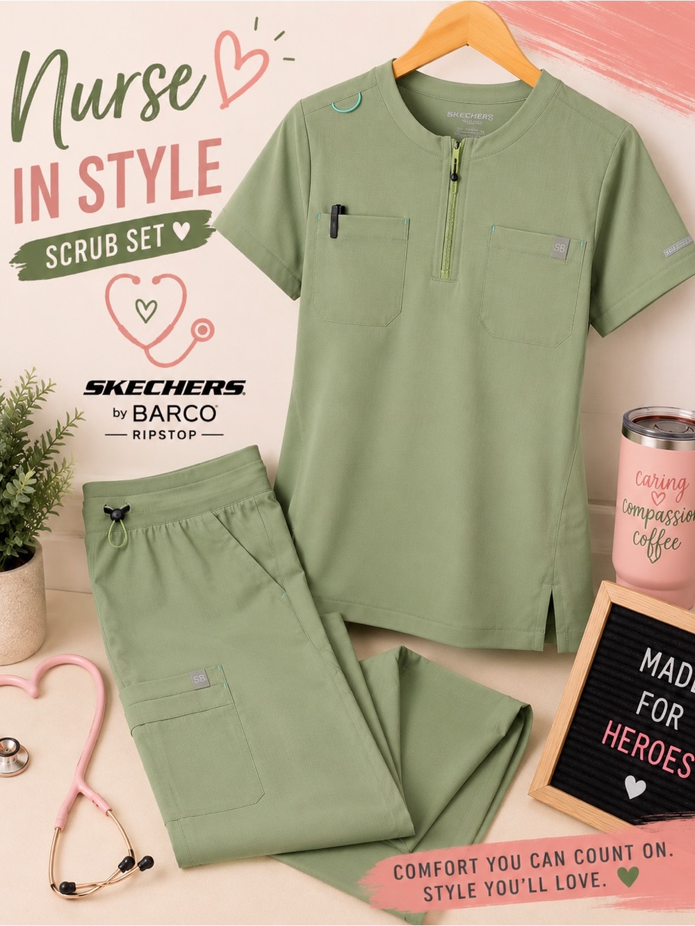 Skechers Olive Green Medical Scrub Set